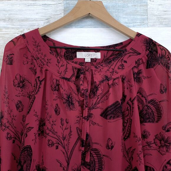 LOFT Floral Butterfly Peasant Blouse Pink Sheer Tie Neck Keyhole Womens Medium - Picture 3 of 10